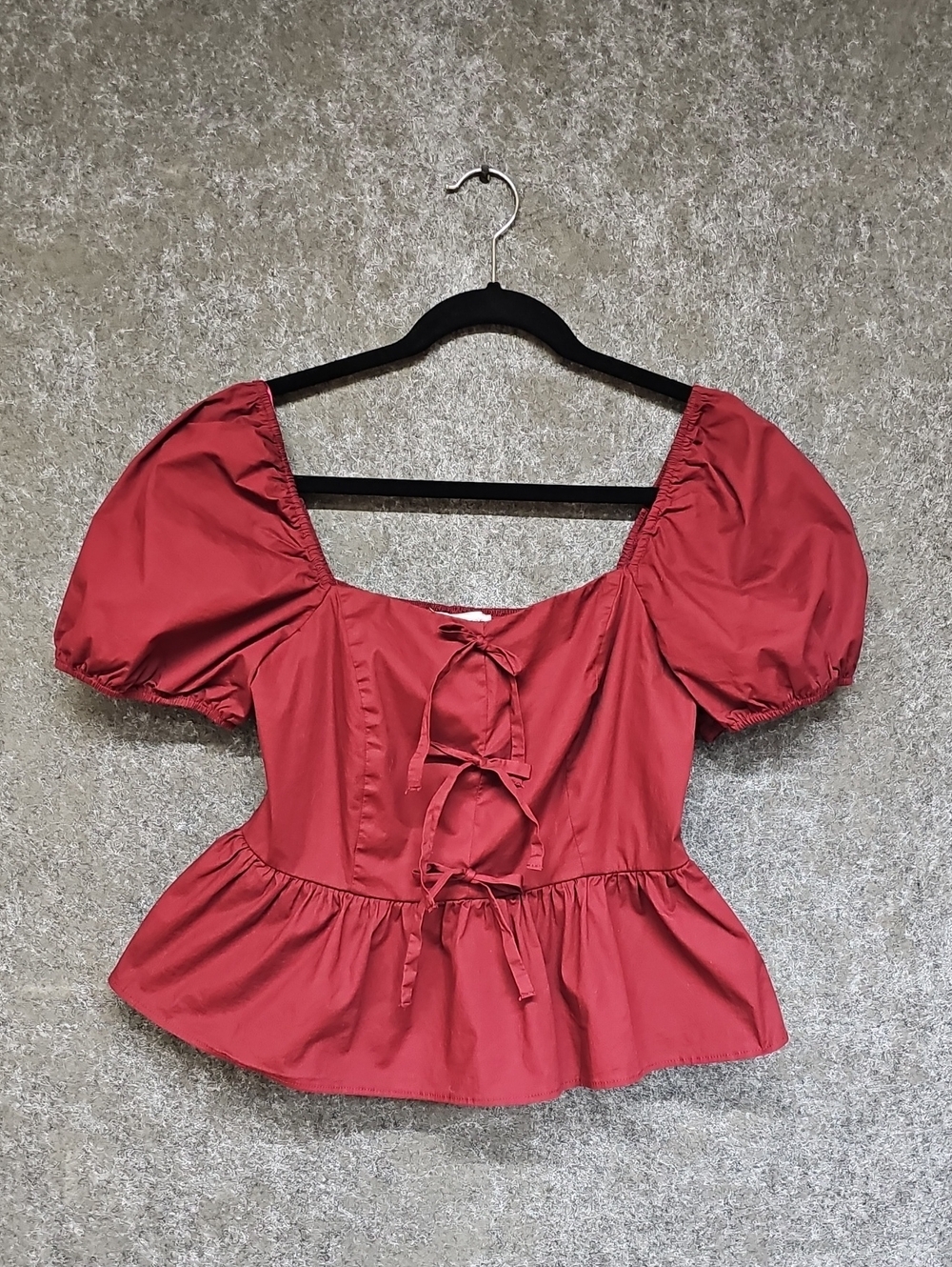 Francesca's Clare, Bow Front Blouse, Wine / Burgundy, Cotton, Size Medium